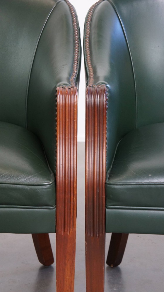 Image 1 of 2 x Beistell-/Ess-/Bürostuhl aus grünem Rindsleder und Holz im englischen Stil