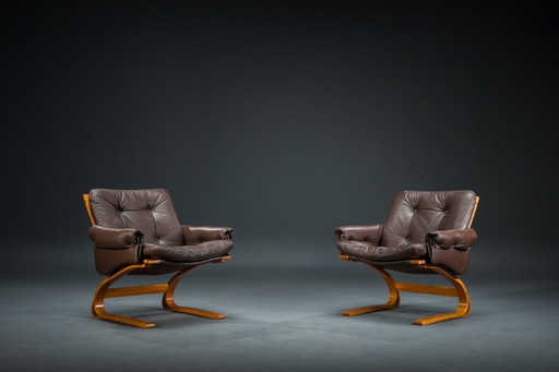 Set 2 bruin leren fauteuils van Elsa & Nordahl Solheim voor Rybo Rykken & Co, 1970