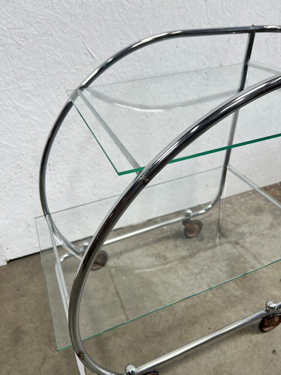 Image 1 of Vintage Chrome Art Deco Trolley with Glass Shelves, Netherlands 1930s