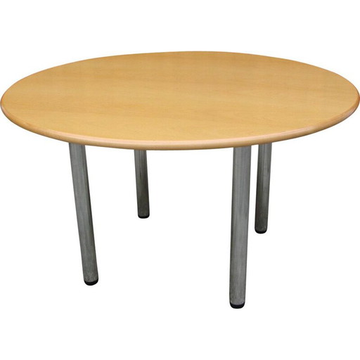 Mesa redonda vintage de metal cromado y madera, 1980