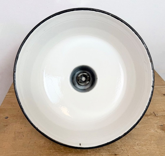 Image 1 of Industrial Petrol Enamel Factory Lamp with Cast Iron Top, 1960s