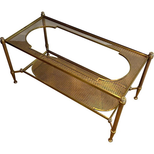 Mesa de centro vintage de bronce y latón con tapa de cristal doble, 1940