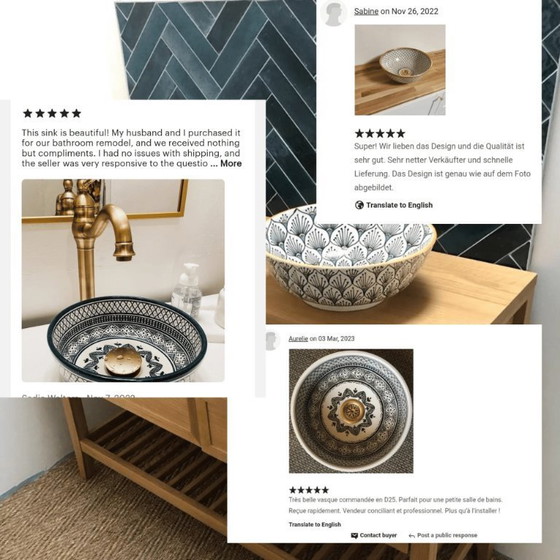 Image 1 of Lavabo marocain à écailles de poisson avec bordure en laiton vieilli - lavabo peint à la main