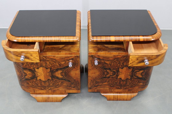 Image 1 of Pair 1930s Czech Art Deco Walnut Nightstands