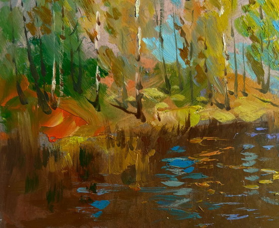 Image 1 of Original Oil Painting Autumn River Landscape Reflection of autumn in the river