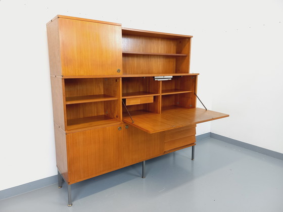 Image 1 of Louis Paolozzi's vintage modernist secretary bookcase for Monopoly in teak and metal from the 60s