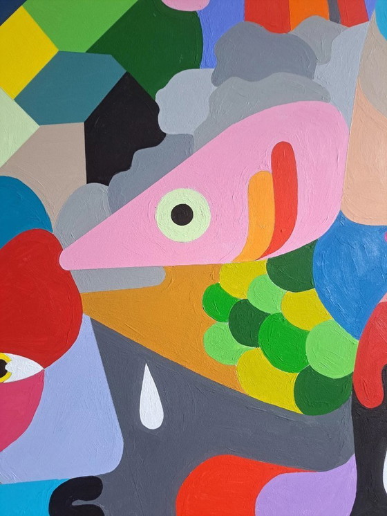 Image 1 of Pittura astratta colorata "Fish" - acrilico originale su MDF di Franklin van Dam (97x84 cm)