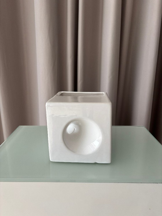 Vintage Minimalist Studio Pottery Cube Vase – White Ceramic (photo 4 of 14)