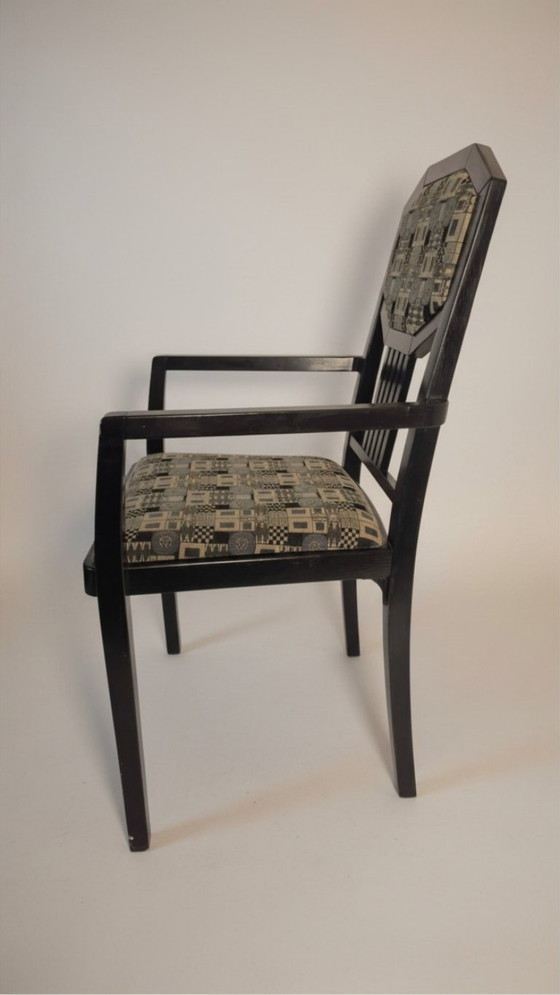 4 original Thonet Vintage Armchairs, polygonal back & patterned upholstery, Dining chairs, Wood, Grey (photo 10 of 12)