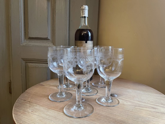 Image 1 of 6 X verres à vin du 19ème siècle gravés à la main Français