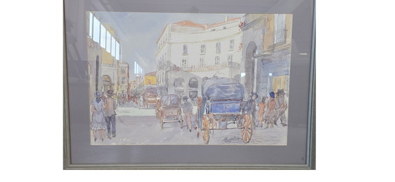 Image 1 of Original Watercolor by Alfredo Beatrice - Historical View of Caserta/Naples