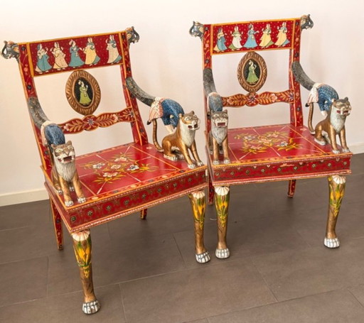 Paar Maharaja Thronsessel „Tiger & Pfau“ Rajasthan, Indien '90