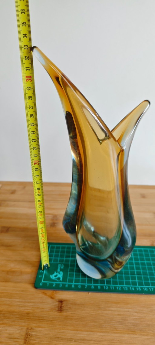 Vintage mouth-blown glass sculptural vase — amber/topaz to smoky blue — Murano style