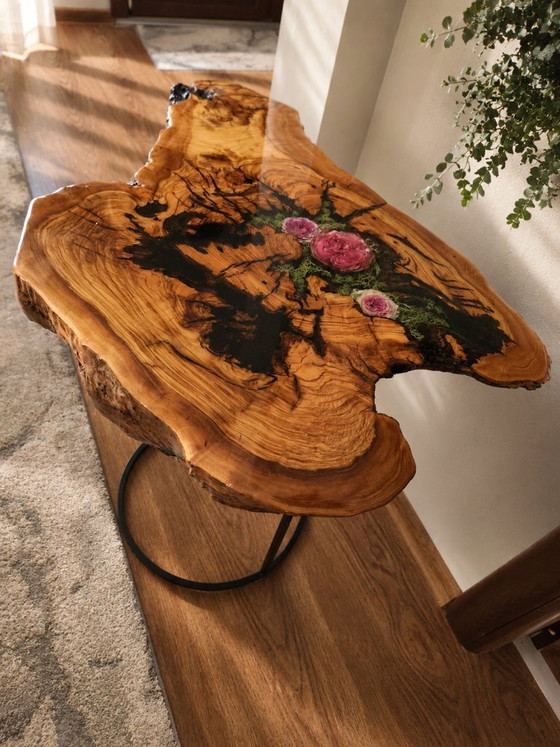 Image 1 of Handcrafted Olive Wood Epoxy Side Table with Real Flowers – Live Edge Rustic Coffee Table – Unique Resin Accent Table