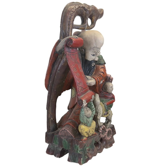 Monumentale Handgesneden Chinese Teakhouten Shoulao Beeldhouwkunst – God van de Levensduur (65.5 x 27.5 cm / (photo 2 of 11)
