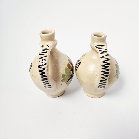 Image 1 of Hungarian Folk Art Pottery | 2 Pcs Set Vintage Traditional HandPainted Floral Ceramic Jugs Pitchers Vases