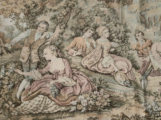 Frans wandtapijt in de stijl van Aubusson/Vlaanderen. Galante scène in een tuinlandschap, "Fêtes galantes", (photo 5 of 14)