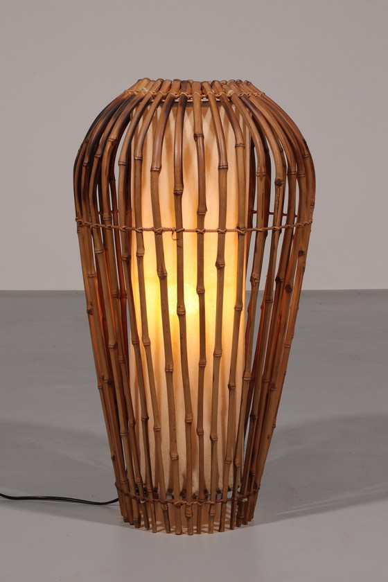 Image 1 of Midcentury Floor Lamp Rattan, Bamboo and Fabric Franco Albini, Italy 1960s