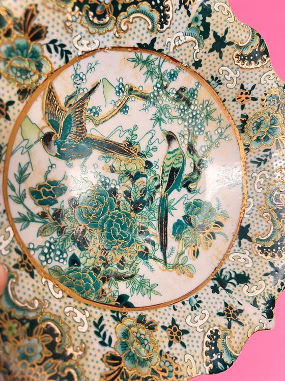 Image 1 of Vintage Satsuma pedestal serving dish, Japanese bird-themed serving dish