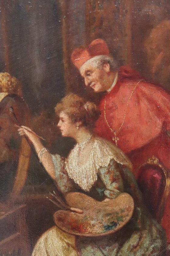 Image 1 of Olieverfschilderij op karton, Jonge schilderes met kardinaal, Italië, 19e eeuw