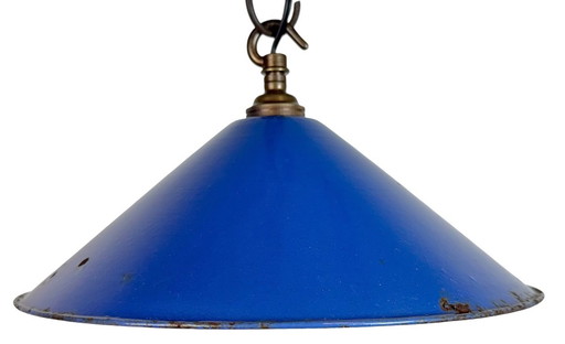 Lampada a sospensione industriale in smalto blu, anni '50