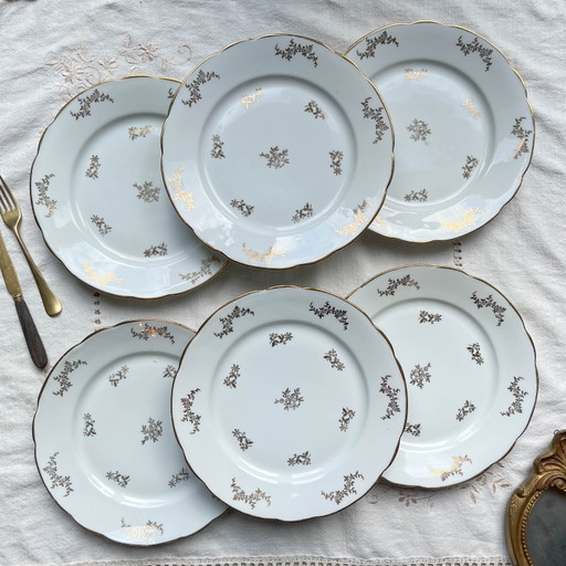 6 Assiettes plates J&Ciem France 1950 en porcelaine blanche dorée à motifs floraux