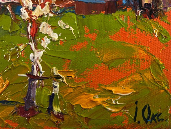 Image 1 of Original Oil Painting Spring Village Landscape Quiet comfort beneath the spreading tree