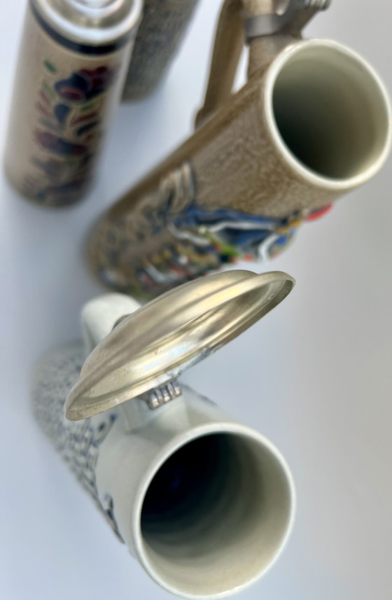 Image 1 of Lot de 4 chopes à bière vintage originales en grès avec couvercles en étain – König / GERZ – Allemagne, années 1970-1980