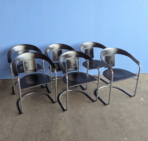 6 chaises design vintage italien - Chrome et cuir