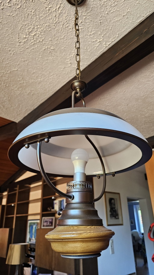Lampada a sospensione/lampada a tirante vintage in stile lampada a petrolio - ottone e vetro opalino – plafondlampen, Glass