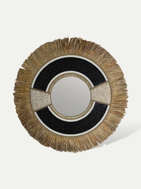 Image 1 of Large mirror made of pearls, shells and raffia