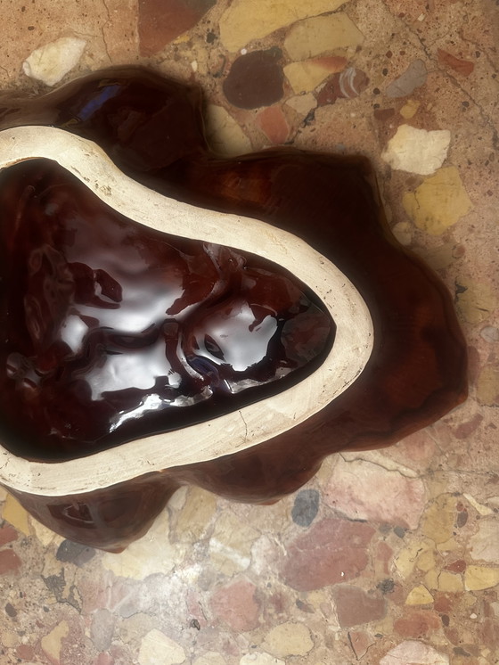 Image 1 of Vintage keramische fruitschaal of zaklepel Barbotine in blad toegeschreven aan Vallauris - 35/40 cm