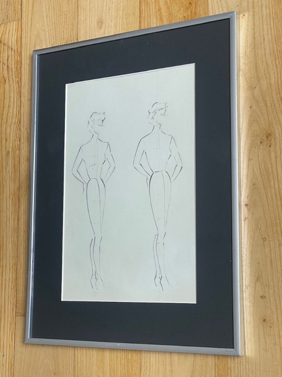 Image 1 of Schizzi a matita vintage, firmati e incorniciati, di Berthe Duquaine, del 1951.