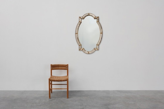 Image 1 of Grand miroir trapézoïdal en laiton et mosaïque de style vénitien du XXe siècle