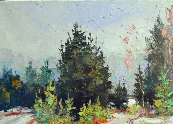 Original Oil Painting Nature Landscape Winter Forest Snow Getting Dark – Paintings & Drawings, Canvas (photo 4 of 8)