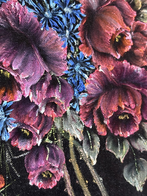 Image 1 of Vibrant Vintage Velvet Floral Painting - Small Oval Wooden Frame with Gold Trim (32x24.5cm)
