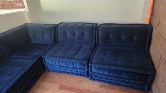 Donkerblauwe modulaire bank, Modulaire banken, Fluweel, Textiel, Modern (foto 10 van 10)