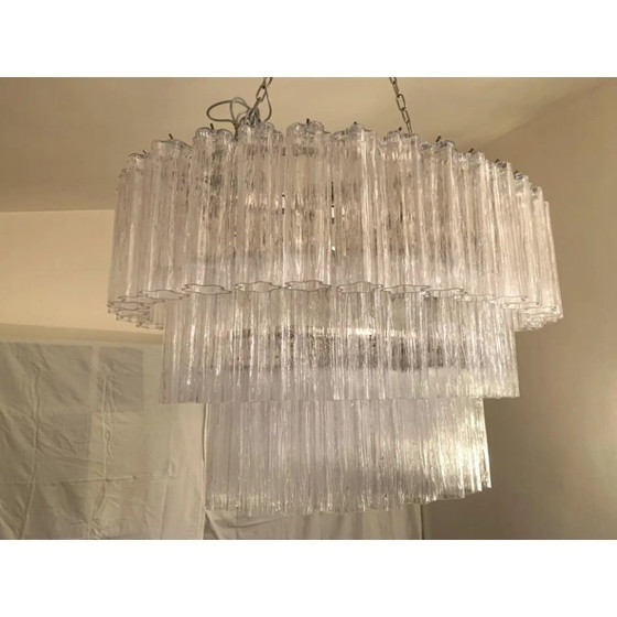 Image 1 of Contemporary Oval Transparent “Tronchi” Murano Glass Chandelier in Venini Style