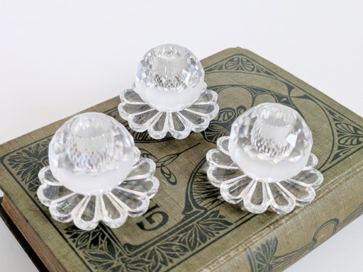 Set of 3 Vintage Crystal Candle Holders, Midcentury Faceted Glass Daisy Base Ornaments