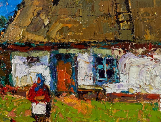 Image 1 of Original Oil Painting Summer Village Landscape Warm of wings and rustic silence