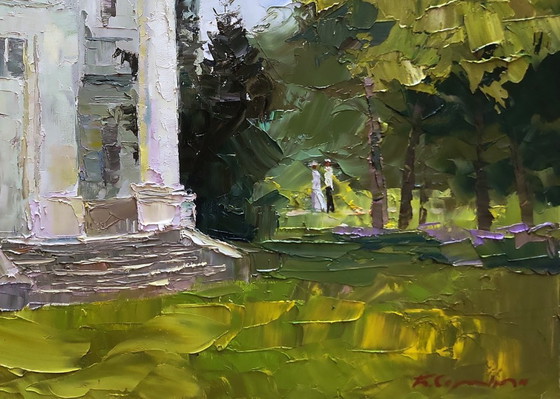 Image 1 of Original Oil Painting Cityscape Architecture Park White Administration Building
