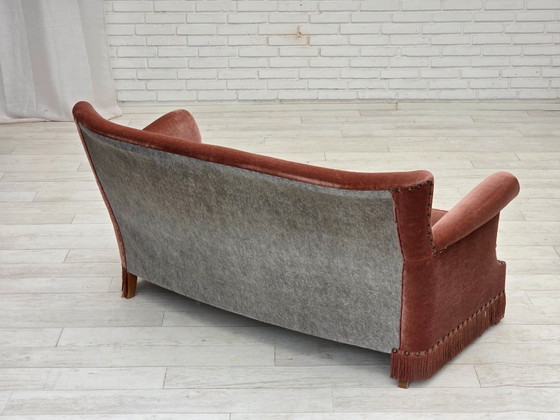Image 1 of 1970s, Danish 2-seater sofa, original salmon pink furniture velour, beech wood.