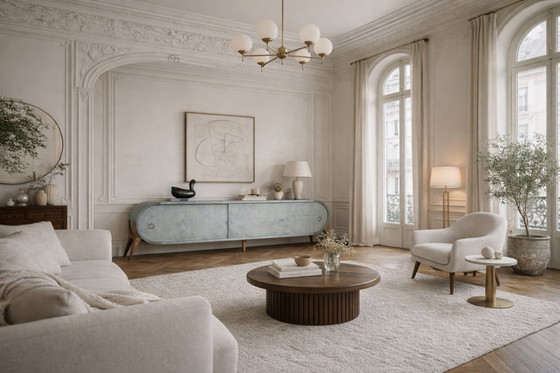 Image 1 of Vintage Mid-Century Modern Italian Turquoise Streamline Sideboard in Birch, 1960s