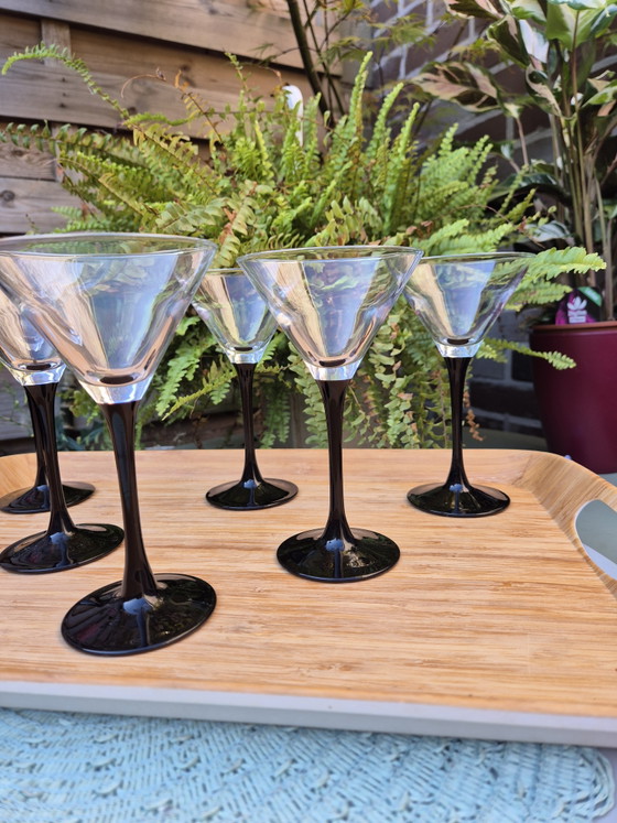 Set of 6 Vintage Luminarc France Domino Martini Glasses - Black Stem Cocktail Glasses – Glass & Decanter (photo 3 of 11)