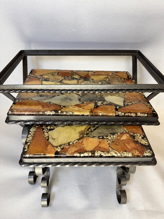 Image 1 of Set of 2 vintage mosaic tables + additional wrought iron base