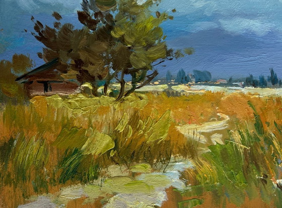 Image 1 of Original Oil Painting Summer Field Landscape The sun shines through the clouds