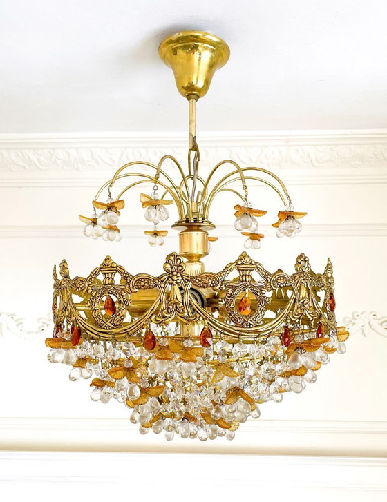 Image 1 of Vintage kristallen fruitkroonluchter – Murano-stijl oranje glas – Messing – 5 lampen – Gemaakt in Spanje