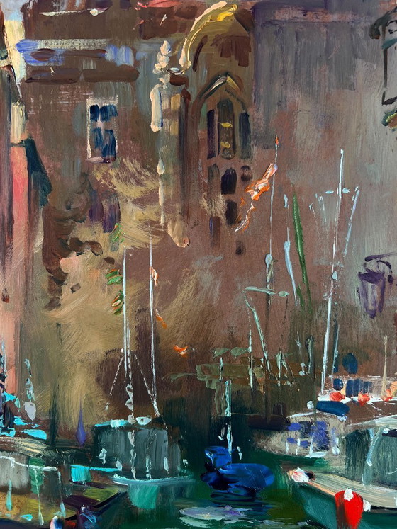 Image 1 of Original Oil Painting Coastal Houses Landscape The narrow streets of the city