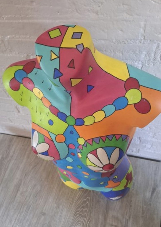 Image 1 of Handgeschilderd vrouwelijk torso in pop-artstijl - gesigneerd "MH i2" - uniek kunstwerk