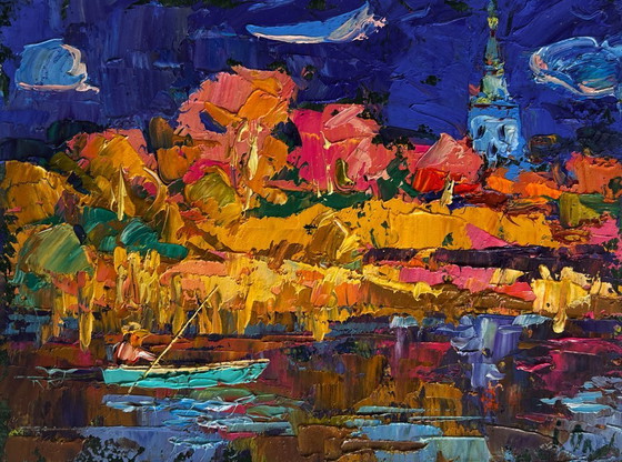Image 1 of Original Oil Painting Autumn River Landscape Autumn evening by the river